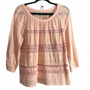 Ann Taylor Loft Blouse Gauze Peach‎ Semi Sheer Peasant Top Crochet Lace M